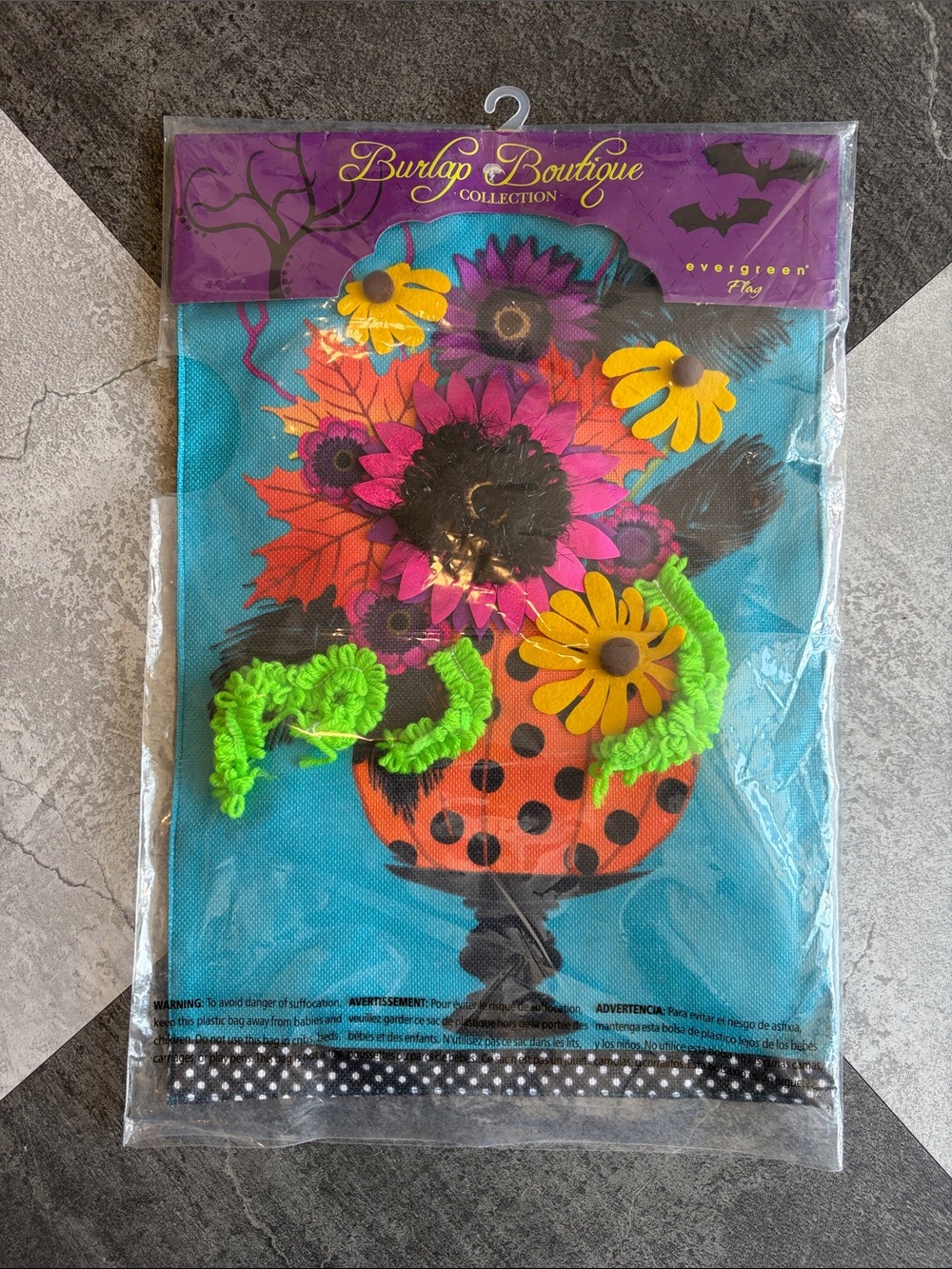 NWT - Evergreen Halloween Pumpkin Turquoise Floral Bouquet Garden Flag